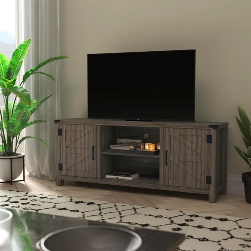 BizChair Moderno soporte de TV con puerta de granero, centro de entretenimiento gris lavado de 59 pulgadas, para televisores de hasta 65 pulgadas,