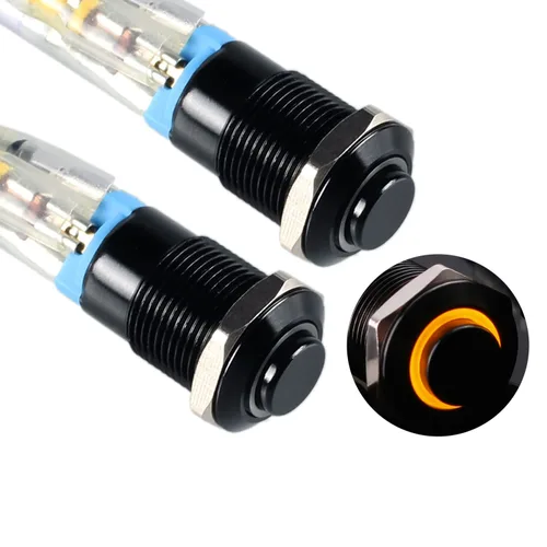 Miniatura 14 de 2 interruptores de botón de metal con pestillo de 0.472 pulgadas, cabeza elevada de 12 V-24 V, 4 pines de encendido y apagado, 1 no, carcasa negra