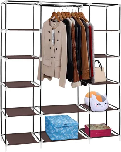 Miniatura 5 de Vasitelan Armario portátil con estantes y cubierta para colgar ropa, tela no tejida, montaje rápido y fácil (estilo 1-marrón)