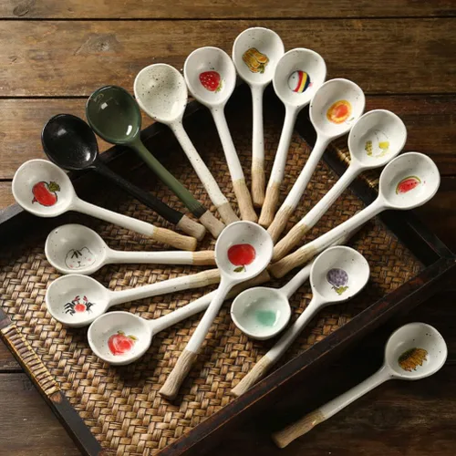 Miniatura 5 de Operitacx Cuchara de cerámica Cucharas retro Azúcar Japonés Fideos Grandes Fideos Coreanos Sopa Postre Asiático Cuchara Fórmula Cucharas Coreana