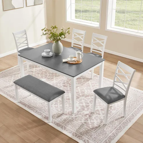 Miniatura 25 de LUMISOL - Juego de mesa de comedor de madera maciza con 4 sillas tapizadas y banco para cocina, comedor, sala de estar, gris plateado