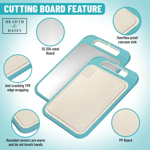 Miniatura 4 de Tabla de cortar no plástica para cocina, 14 x 11 pulgadas, placa de trigo de doble cara de acero inoxidable, resistente a los arañazos, ranura