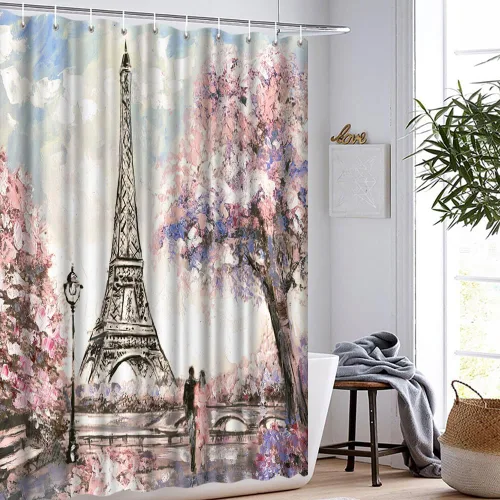 Miniatura 4 de Cortina de ducha para baño, color rosa y blanco