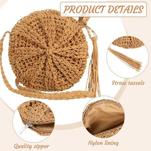 Miniatura 6 de Sweetude Bolso de mano de paja para mujer, juego de aretes de ratán, bolsa de paja de verano, playa, bolso bohemio, cartera tejida para vacaciones