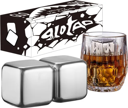 Juego de 2 piedras de whisky grandes de 64 cm³ (4 cu in) – Juego de regalo para hombre – Cubos de esferas de hielo de metal reutilizables de acero