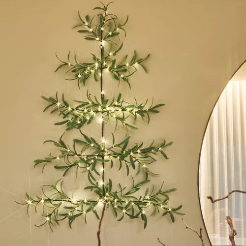Miniatura 3 de Fudios Árbol de Navidad de pared de olivo con luces, 140 LED, 3.5 pies, guirnalda de ramas verdes preiluminadas con temporizador para ventana