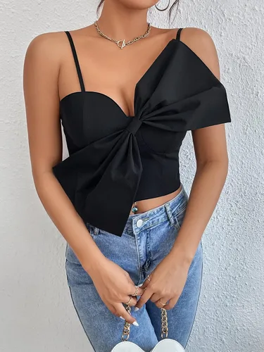 Miniatura 3 de SOLY HUX Camiseta corta sexy con lazo grande para mujer, camiseta corta con tirantes delgados, sin mangas, espalda fruncida