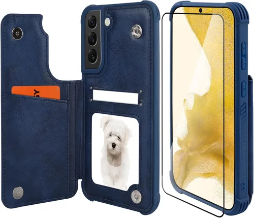 Miniatura 15 de VANAVAGY Funda tipo cartera compatible con Galaxy S22 con soporte para tarjetas de bloqueo RFID, piel sintética, cierre magnético, función atril