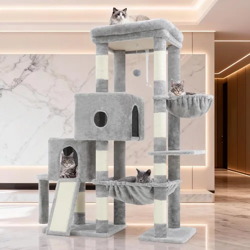 Miniatura 9 de Hey-brother Torre de árbol para gatos, postes rascadores con plataforma grande, 2 condominios, hamaca espaciosa, cesta acogedora, tabla de sisal
