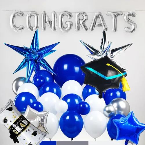 Miniatura 4 de Kit de arco de globos de graduación 2026, decoraciones de fiesta azul real y plateado: diploma de aluminio, letras de felicitación, globos de Azul