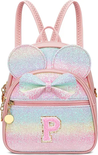 Miniatura 14 de KKXIU Mochilas Mini con Moño Inicial para Niñas y Mujeres, Linda Mochila Pequeña con Asa de Bolso, Regalos Personalizados para Niños, Arcoíris