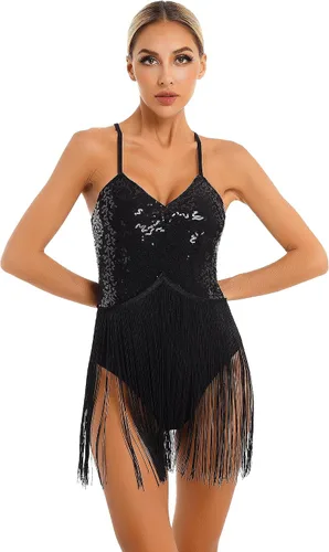 Xnihocha Body de mujer con tirantes delgados y lentejuelas brillantes y flecos, para bailarín latino de jazz, ballet, bailarina latina
