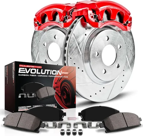 Power Stop KC6082 Z23 Sport Kit de freno de 1 clic con pinzas de recubrimiento en polvo (pastillas de frenado, rotores perforados/ranurados) para