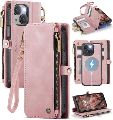 Miniatura 14 de Defencase Compatible con iPhone 15 Plus Funda Cartera con Tarjetero de Bloqueo RFID para Mujeres y Hombres, Cuero PU Cierre Magnético Plegable Rojo