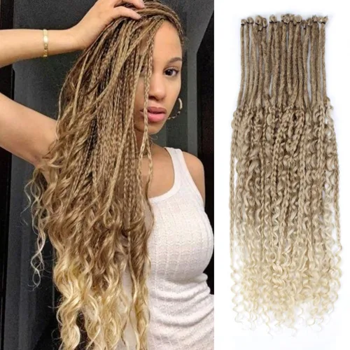 Miniatura 29 de Extensiones de rastas trenzadas bohemias de 24 pulgadas, 10 hebras de rastas sintéticas rizadas color marrón degradado con trenza de caja, rastas