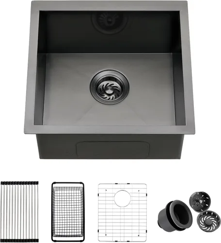 Miniatura 10 de Fregadero de cocina negro de 15 x 16 x 9 pulgadas, fregadero de cocina pequeño de acero inoxidable negro para preparación debajo del fregadero