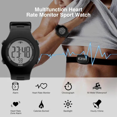 Miniatura 2 de EZON Heart Rate Monitor Chest Strap and Digital Watch,5ATM Waterproof Fitness Tracker with HRM,Calories Burned,Stopwatch and Hourly Chime - Ideal