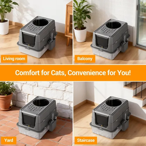 Miniatura 7 de Caja de arena para gatos de acero inoxidable con tapa, caja de arena de metal cubierta cerrada con tapa abatible de 180°, caja para gatos de alta