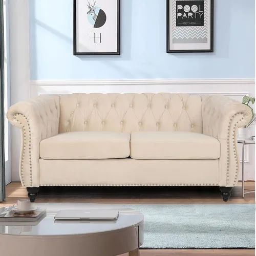 Miniatura 19 de LEVNARY Sillón Chesterfield de Terciopelo, Sillón Individual de Estilo Moderno de Mediados del Siglo con Respaldo de Botones y Decoración con Beige