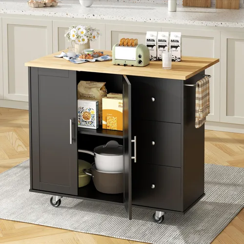 Miniatura 2 de Shintenchi Isla de cocina con hoja plegable, mesa de isla enrollable con almacenamiento, armario de cocina con ruedas con área de asiento