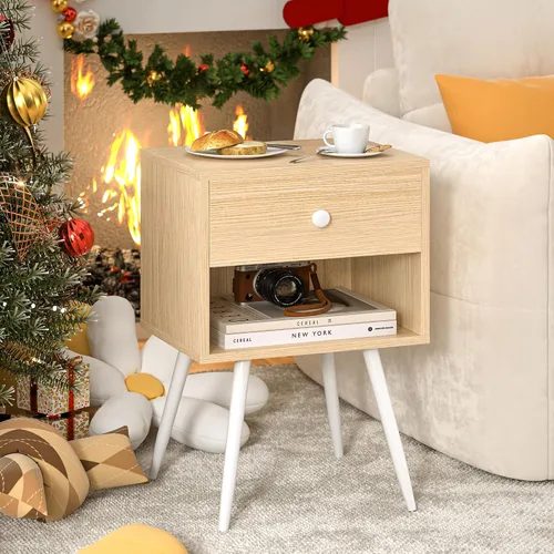 Miniatura 7 de VECELO Juego de 2 mesitas de noche, mesa de noche moderna de mediados de siglo, mesita de noche con cajón de almacenamiento y estante abierto de 2
