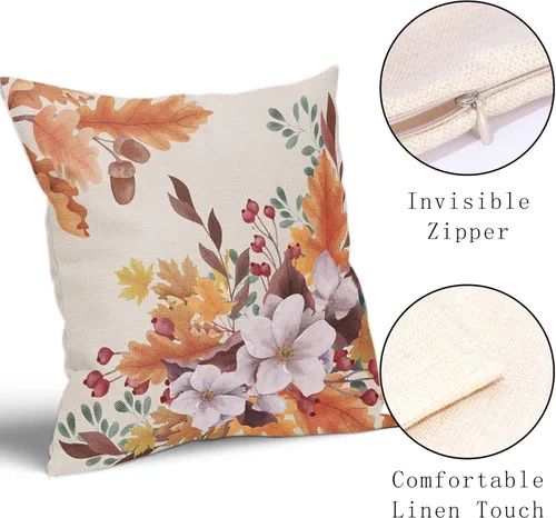 Miniatura 3 de Juego de 2 fundas de almohada de hojas otoñales naranjas otoñales de 20 x 20 pulgadas, diseño de hojas florales de Acción de Gracias, juego de 2