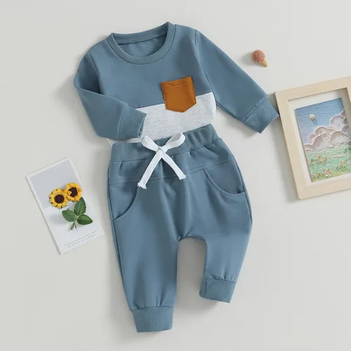 Miniatura 73 de Conjunto de ropa de otoño e invierno para bebé niño pequeño, sudadera de manga larga con colores contrastantes, pantalones elásticos para recién