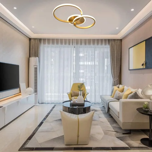 Miniatura 8 de Lámpara de techo LED moderna, lámpara de techo de montaje empotrado de 40 W con círculo de dos anillos, lámparas acrílicas doradas para sala