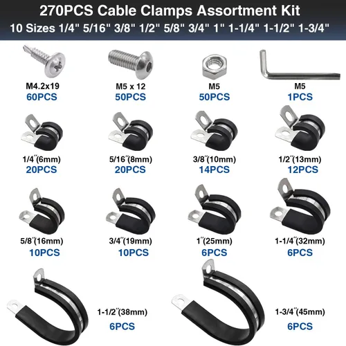 Miniatura 2 de Taiss Kit surtido de 270 abrazaderas de cable, abrazaderas de tubo de alambre aisladas de goma de acero inoxidable 304, 10 tamaños, abrazaderas