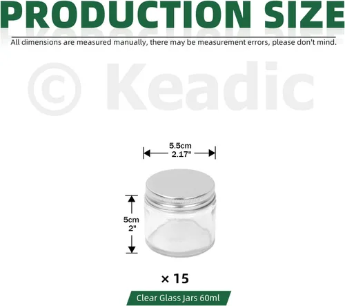Miniatura 2 de Keadic Juego de 15 tarros de vidrio de 2.0 fl oz/2 onzas con tapas, mini tarros redondos herméticos para muestras de conservas con tapas plateadas