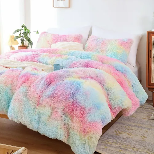 Miniatura 45 de Smoofy Juego de edredón esponjoso de tamaño Full, juego de edredón rosa de piel sintética, juego de ropa de cama mullido de lujo, juego de ropa