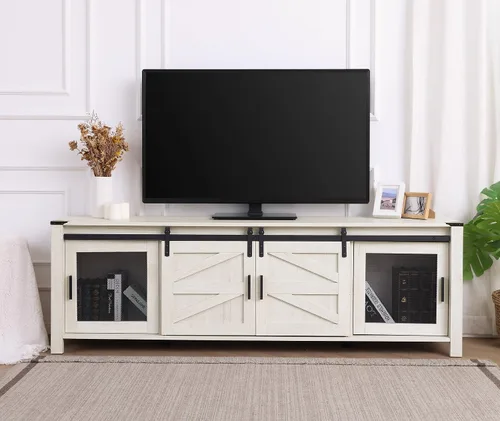 Miniatura 7 de WAMPAT Soporte de TV de granja de 70 pulgadas con puertas de malla, centro de entretenimiento para TV de 75 pulgadas, estantes ajustables, 2