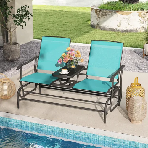 Miniatura 2 de Tangkula Silla mecedora para 2 personas, sofá biplaza mecedora para patio con mesa central de vidrio templado, banco de columpio para exteriores