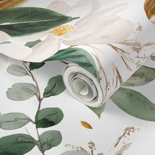 Miniatura 2 de Spoonflower Papel tapiz para despegar y pegar - Papel pintado extraíble personalizado con flores de magnolias florales doradas