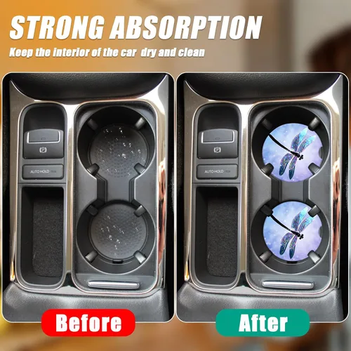 Miniatura 4 de Posavasos de automóvil de libélula púrpura, absorbentes para bebidas, portavasos para tu automóvil con agarre para la punta de los dedos, accesorios