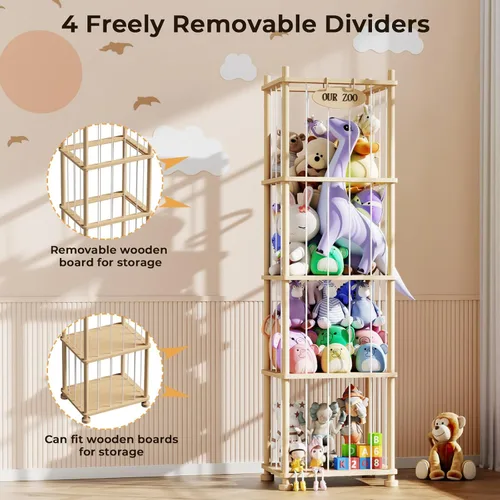 Miniatura 4 de Organizador de almacenamiento de animales de peluche, estante de almacenamiento de juguetes de madera de pino macizo con estantes extraíbles