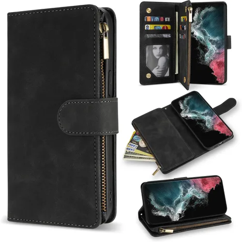 Miniatura 20 de ZZXX Funda para Samsung Galaxy S22 Plus con ranura para tarjeta, piel sintética suave de alta calidad, con cremallera, con correa para la muñeca