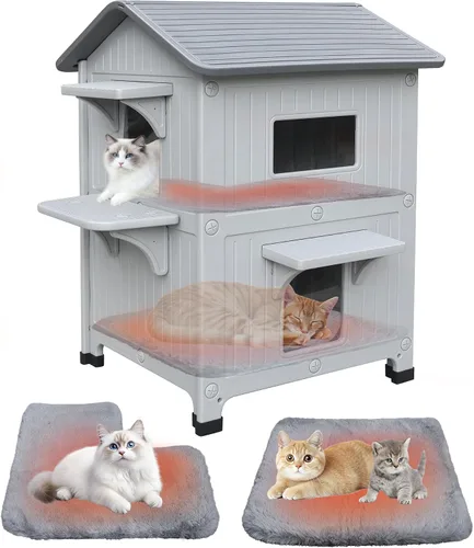 Miniatura 12 de Casa para gatos al aire libre, resistente a la intemperie, casas de plástico para gatos con puerta de escape, 2 pisos para interiores, impermeable