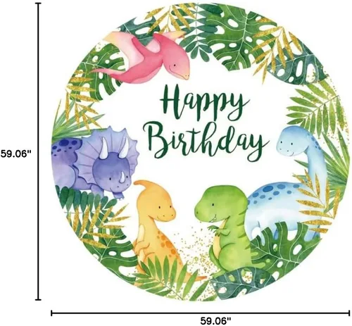 Miniatura 7 de AOFOTO Telón de fondo redondo de dinosaurio de 5 x 5 pies, diseño de bosque y selva, temática de safari de dinosaurio, telón de fondo para niños