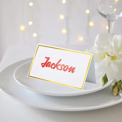 Miniatura 5 de 120 piezas de tarjetas de lugar, tarjeta de asiento de 2x3.5 pulgadas en blanco rellenable para banquete con marco de lámina dorada para mesa