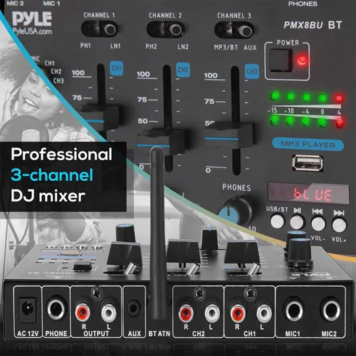 Miniatura 3 de Mezclador de audio inalámbrico Pyle DJ - Controlador DJ compatible con Bluetooth de 3 canales, mezclador de sonido, micrófono con función