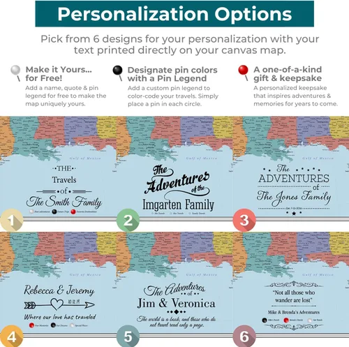 Miniatura 29 de Push Pin Travel Maps Lienzo personalizado Blue Oceans USA con marco gris de madera de granero