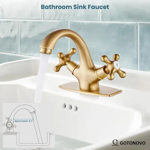 Miniatura 6 de gotonovo Grifo de lavabo de baño de un solo agujero, doble mango cruzado, pomos mezcladores de lavabo con drenaje desplegable y placa de cubierta