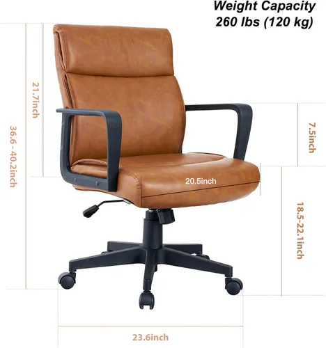 Miniatura 2 de Artswish Silla de oficina de cuero marrón, silla ergonómica de computadora con brazos de ruedas, silla de trabajo ajustable giratoria de 360°