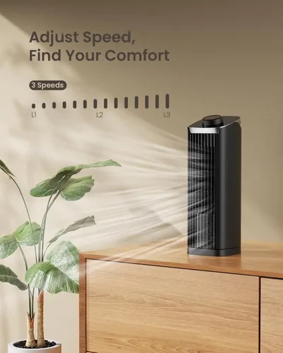 Miniatura 2 de PNTCK Ventilador para dormitorio, ventilador de torre de 13 pulgadas con 3 velocidades máximas de 23 pies/s, ventilador de escritorio oscilante