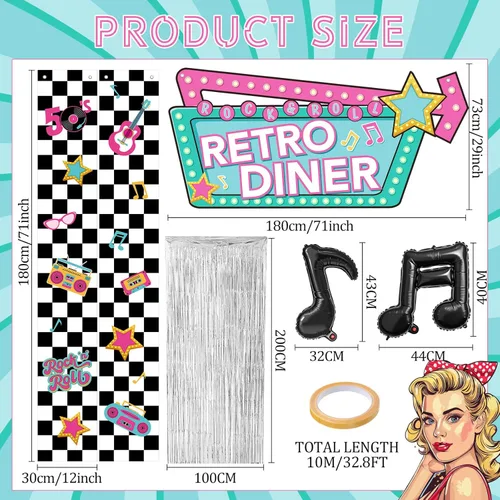 Miniatura 2 de 7 pancartas retro de los años 50, notas musicales, cortinas de seda plateadas, decoraciones de fiesta temática de los años 50, pancarta de rock and