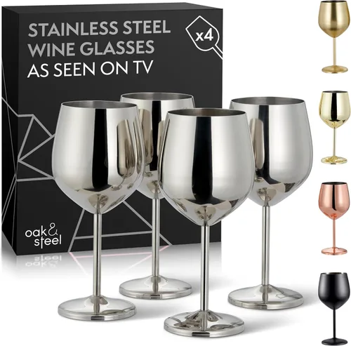 Oak & Steel - Juego de 4 copas de vino de acero inoxidable, copas de vino de metal de 18 onzas, vasos irrompibles para exteriores para playa y