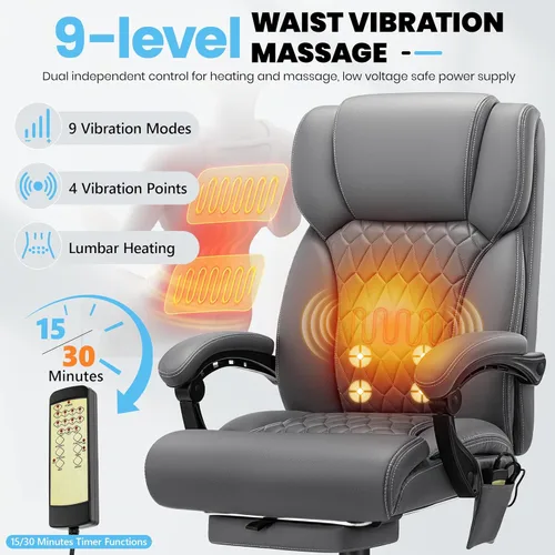 Miniatura 6 de Silla de oficina de masaje y calor con reposapiés, silla ejecutiva ergonómica reclinable de 90-160° para personas grandes y altas, 400 libras, Negro