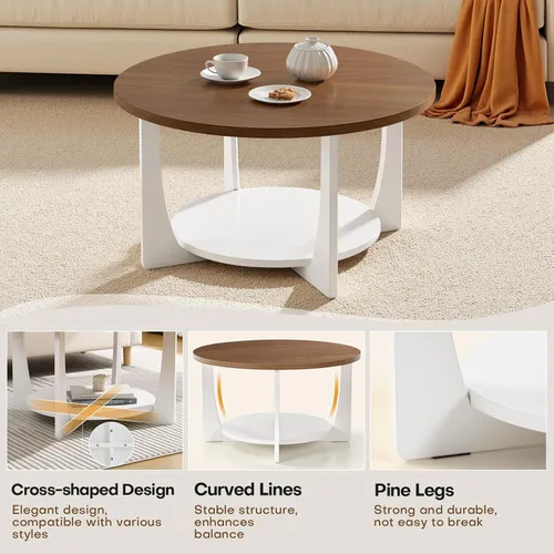 Miniatura 5 de BECHAEO Mesa de centro redonda de 31.5 pulgadas con patas de pino de madera maciza, mesa de centro rústica de 2 niveles con estante