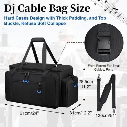Miniatura 6 de Bolsa grande para cables de DJ con bolsillo para laptop y micrófono, bolsa de DJ para equipo y accesorios de música con divisores desmontables, Azul